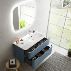Ensemble salle de bains L. 104 cm meuble sous vasque bleu mat + plan vasque à droite blanc brillant Alba