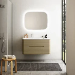 Ensemble salle de bains L. 104 cm meuble sous vasque décor chêne clair + plan vasque à gauche blanc brillant Alba