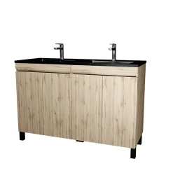 Galedo Ensemble sous vasque à poser effet chêne naturel 4 portes + vasque double noire, l.120 cm, Timber