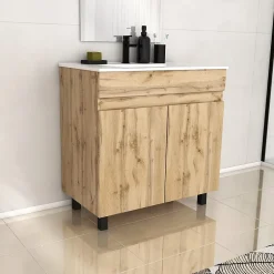 Galedo Ensemble sous vasque à poser effet chêne industriel 2 portes + vasque blanche, l.80 cm, Timber