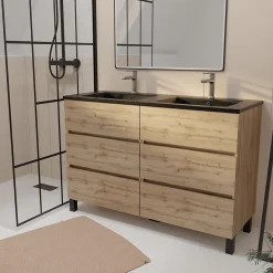 Galedo Ensemble sous vasque à poser effet chêne naturel 6 tiroirs + vasque double noire, l.120 cm, Timber