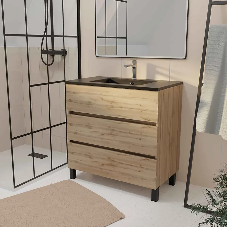 Galedo Ensemble sous vasque à poser effet chêne naturel 3 tiroirs + vasque noire, l.80 cm, Timber* Meuble Vasque