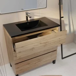Galedo Ensemble sous vasque à poser effet chêne naturel 3 tiroirs + vasque noire, l.80 cm, Timber* Meuble Vasque