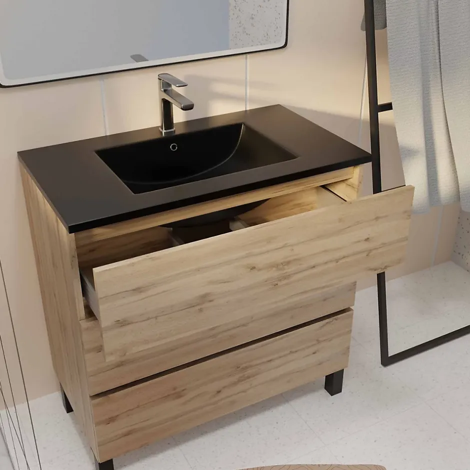 Galedo Ensemble sous vasque à poser effet chêne naturel 3 tiroirs + vasque noire, l.80 cm, Timber* Meuble Vasque