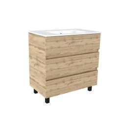 Galedo Ensemble sous vasque à poser effet chêne industriel 3 tiroirs + vasque blanche, l.80 cm, Timber* Meuble Vasque