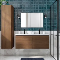 GoodHome Ensemble sous vasque effet noyer 2 tiroirs + plan vasque blanc en céramique l.120 cm, Levanna* Meuble Vasque