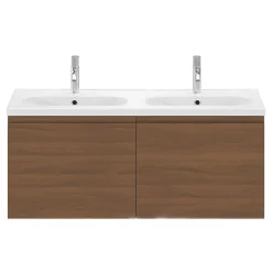 GoodHome Ensemble sous vasque effet noyer 2 tiroirs + plan vasque blanc en céramique l.120 cm, Levanna* Meuble Vasque