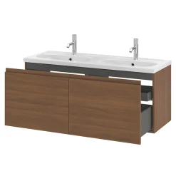GoodHome Ensemble sous vasque effet noyer 2 tiroirs + plan vasque blanc en céramique l.120 cm, Levanna* Meuble Vasque
