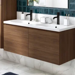 GoodHome Ensemble sous vasque effet noyer 2 tiroirs + plan vasque blanc en céramique l.120 cm, Levanna* Meuble Vasque