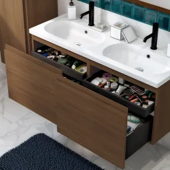 GoodHome Ensemble sous vasque effet noyer 2 tiroirs + plan vasque blanc en céramique l.120 cm, Levanna* Meuble Vasque