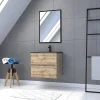 Galedo Ensemble sous vasque suspendu effet chêne industriel 2 tiroirs + vasque noire + 1 miroir, l.60 cm, Timber