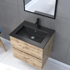 Galedo Ensemble sous vasque suspendu effet chêne industriel 2 tiroirs + vasque noire + 1 miroir, l.60 cm, Timber