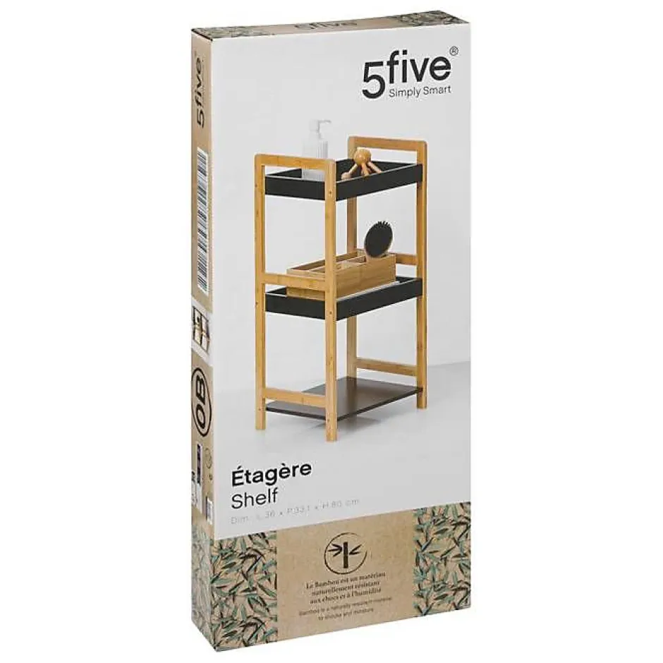 5Five Etagère de rangement 3 niveaux en Bambou et Bois Noir H 80 cm