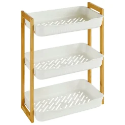 Five Simply Smart Etagère de salle de bain rectangulaire bambou et plastique blanc, 3 niveaux, H.45cm x P.35cm Naturéo* Etagère Salle De Bains