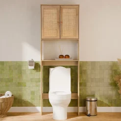 Sweeek Etagère meuble WC décor bois et cannage Bohème 1 étagère 64 x 20 x 180 cm naturel