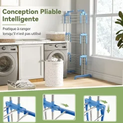 Giantex Etendoir a Linge Pliable a 4 Niveaux avec Ailes Laterales Rotatives et Etageres Pliables Sechoir avec Roues Verrouillables