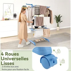 Giantex Etendoir a Linge Pliable a 4 Niveaux avec Ailes Laterales Rotatives et Etageres Pliables Sechoir avec Roues Verrouillables