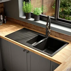 GoodHome Evier à encastrer en composite quartz gris 1,5 bacs et égouttoir l. 50 x H. 30,4 x P. 19,7 cm Torla