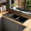 GoodHome Evier à encastrer en composite quartz noir 2 bacs et égouttoir l. 50 x H. 30,4 x P. 19,7 cm Torla