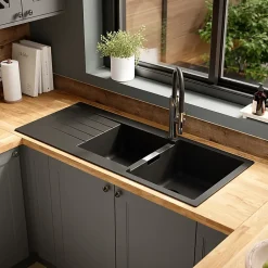 GoodHome Evier à encastrer en composite quartz noir 2 bacs et égouttoir l. 50 x H. 30,4 x P. 19,7 cm Torla