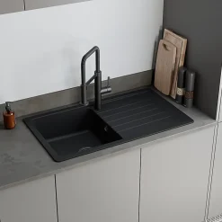 GoodHome Evier à encastrer en composite quartz noir 1 bac et égouttoir L. 86 x l. 50 x H. 28,2 cm Alland* Evier Et Robinet De Buanderie