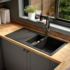 GoodHome Evier à encastrer en composite quartz noir 1,5 bacs et égouttoir l. 50 x H. 30,4 x P. 19,7 cm Torla* Evier Et Robinet De Buanderie