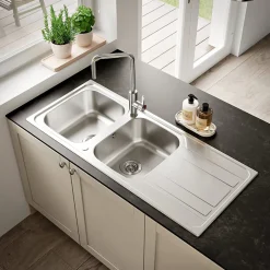 GoodHome Evier à encastrer en inox microstructuré 2 bacs et égouttoir l. 50 x H. 19 x P. 19 cm Lucerne* Evier Et Robinet De Buanderie