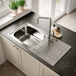 GoodHome Evier à encastrer en inox microstructuré 1 bac et égouttoir l. 50 x H. 21 x P. 100 cm Lucerne* Evier Et Robinet De Buanderie