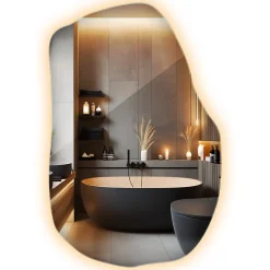 Wallfluent Grand Miroir LED Organique Galet 100x65cm Lumière Chaude Décoratif Asymétrique Naturel Tendance* Miroir Lumineux