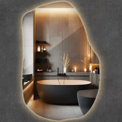 Wallfluent Grand Miroir LED Organique Galet 100x65cm Lumière Chaude Décoratif Asymétrique Naturel Tendance* Miroir Lumineux