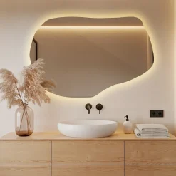 Wallfluent Grand Miroir LED Organique Galet 100x65cm Lumière Chaude Décoratif Asymétrique Naturel Tendance* Miroir Lumineux