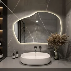 Wallfluent Grand Miroir LED Organique Galet 100x65cm Lumière Chaude Décoratif Asymétrique Naturel Tendance* Miroir Lumineux