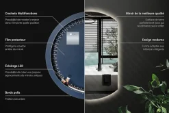 Wallfluent Grand Miroir LED Rond Bord Droit 84x100cm Lumière Neutre Décoratif Asymétrique Design Moderne