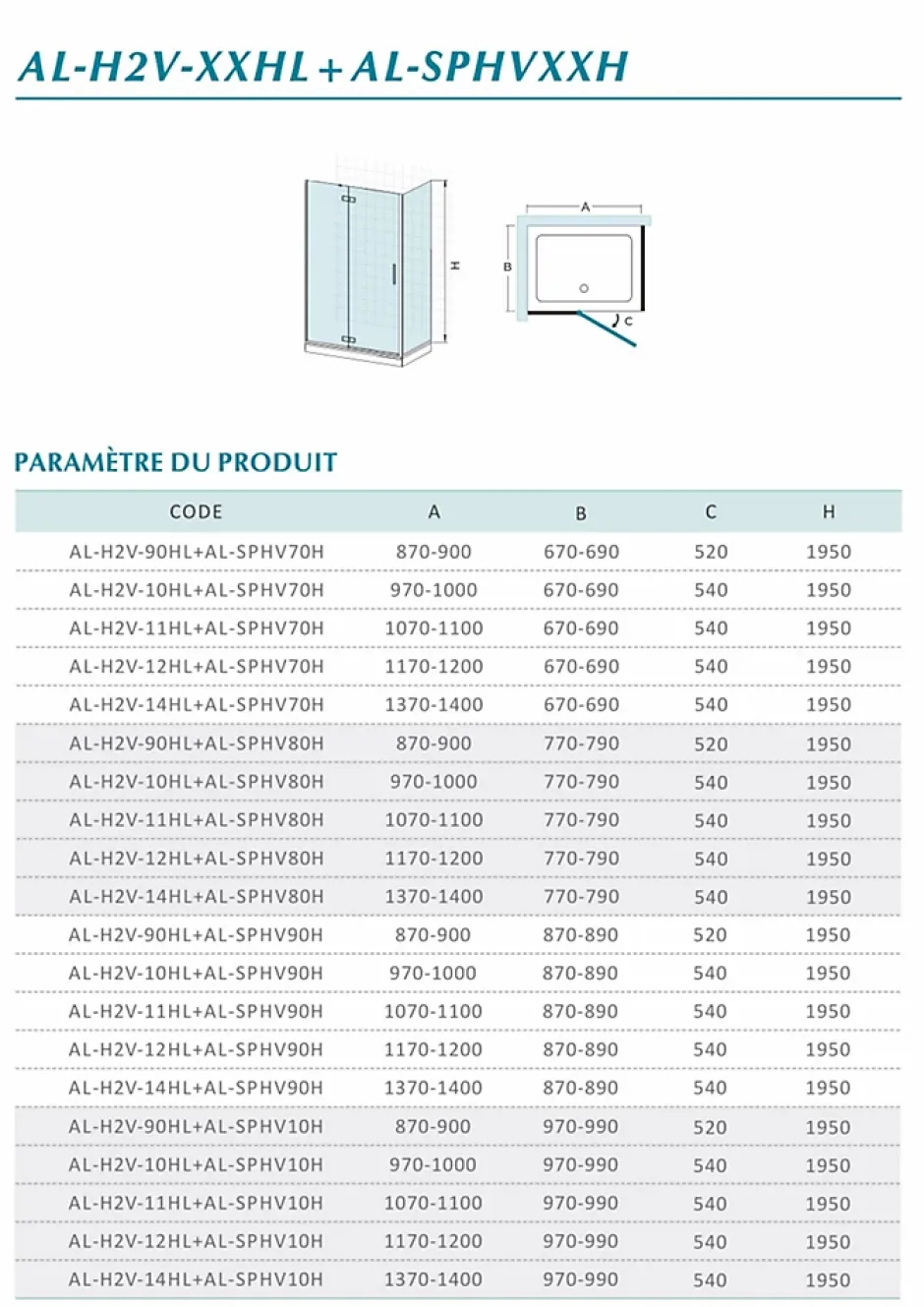 Grand Verre Cabine de douche en verre et aluminium avec porte pivotante ouvrante vers la droite 100x70x195