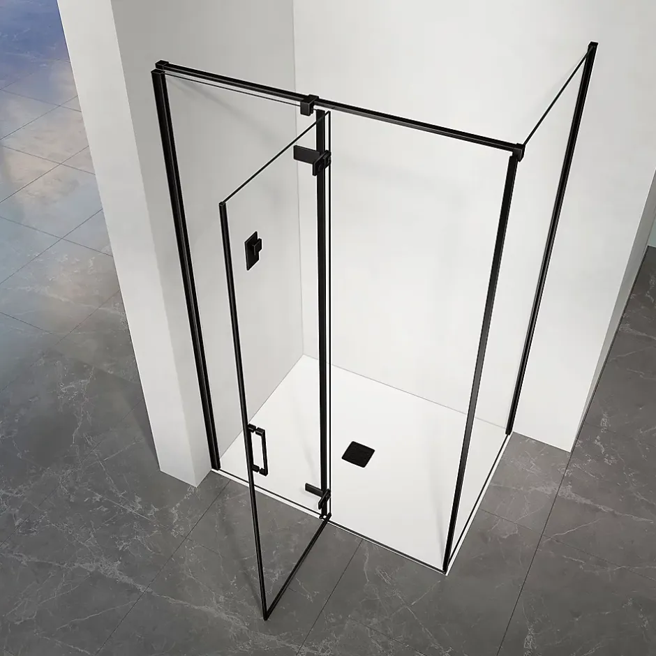 Grand Verre Cabine de douche 100x100 avec porte à charnières en verre 8mm profilés en alu noir mat