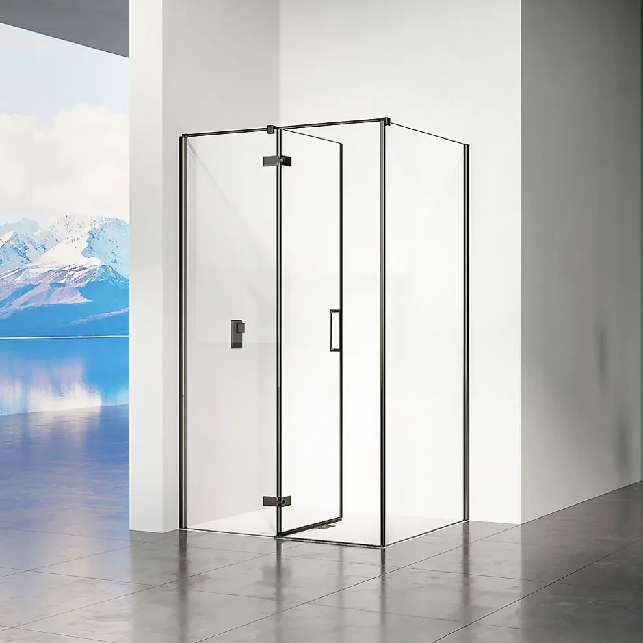 Grand Verre Cabine de douche 100x100 avec porte à charnières en verre 8mm profilés en alu noir mat