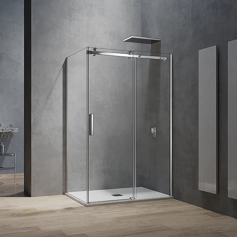 Grand Verre Cabine de douche style industriel avec porte coulissante 140 cm et paroi latérale 90 cm accessoires chromés* Cabine De Douche