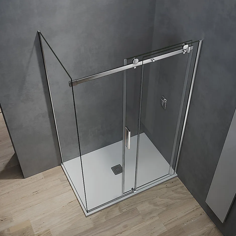 Grand Verre Cabine de douche style industriel avec porte coulissante 140 cm et paroi latérale 90 cm accessoires chromés* Cabine De Douche
