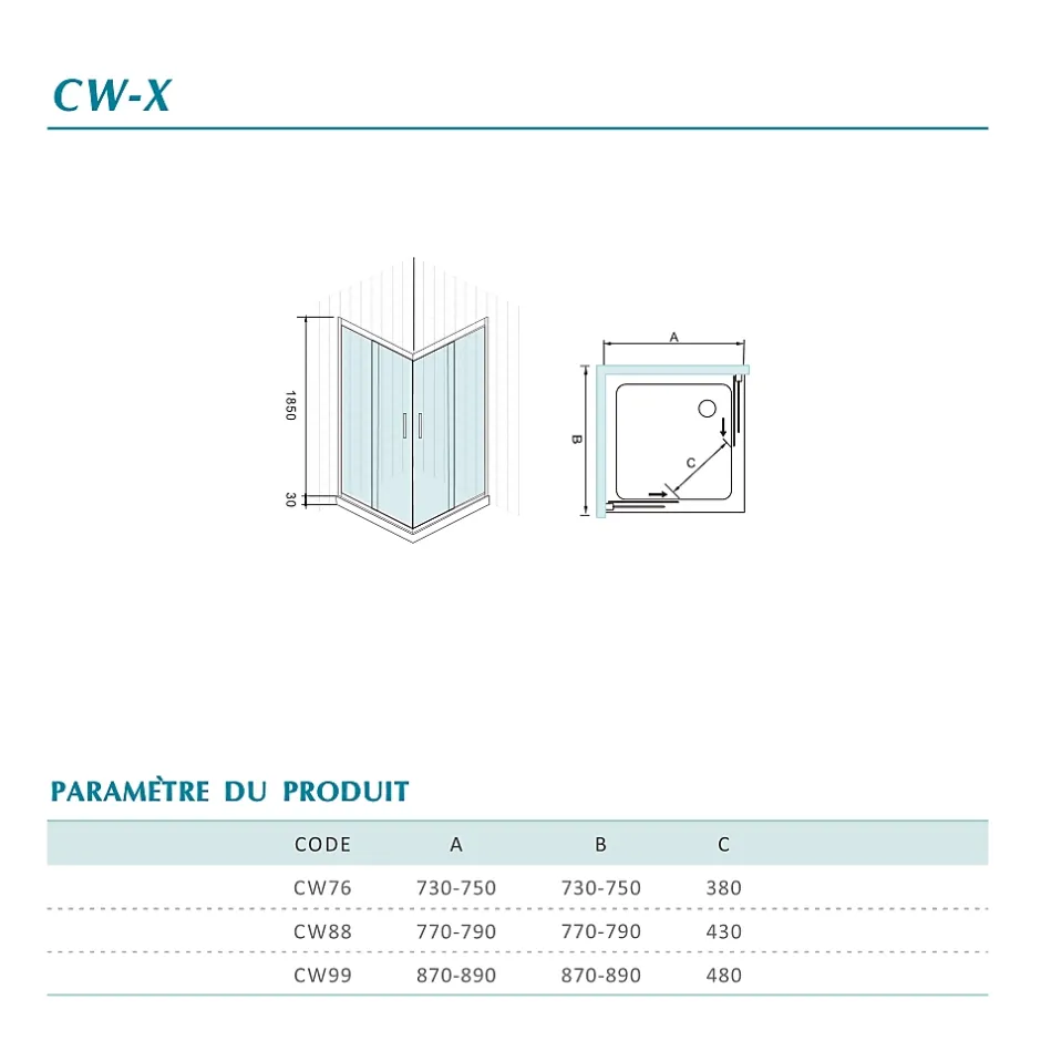 Grand Verre Cabine de douche d'angle 90x90 hauteur 185cm avec deux portes coulissantes profilés chromés* Cabine De Douche