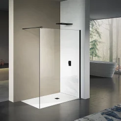 Grand Verre Paroi de douche 80x200 avec profilé et barre de fixation en noir mat en verre securit 8mm nano-vitrifié