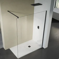 Grand Verre Paroi de douche 80x200 avec profilé et barre de fixation en noir mat en verre securit 8mm nano-vitrifié