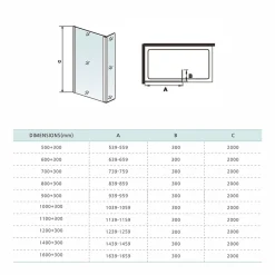 Grand Verre paroi de douche avec retour pivotant 60+30 cm hauteur 200 cm avec barre de fixation 90cm en chromé