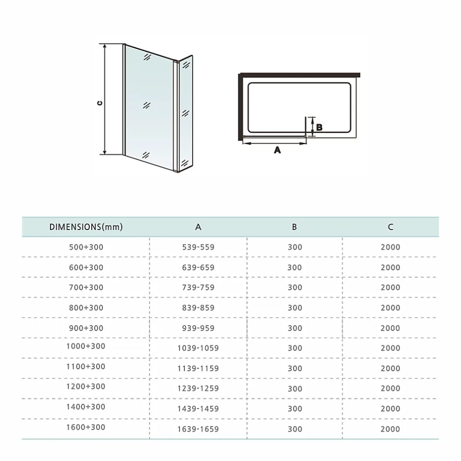 Grand Verre paroi de douche avec retour pivotant 60+30 cm hauteur 200 cm avec barre de fixation 90cm en chromé