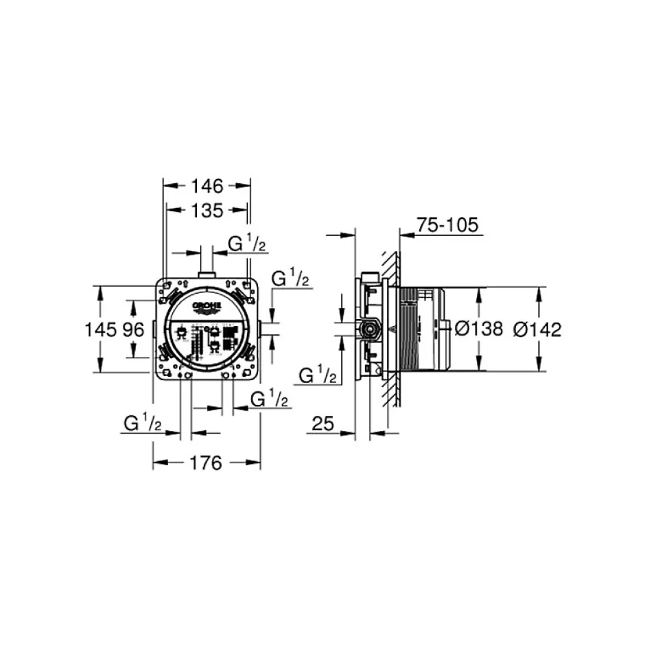 Grohe - Mitigeur encastré 3 sorties SmartControl - Façade carrée