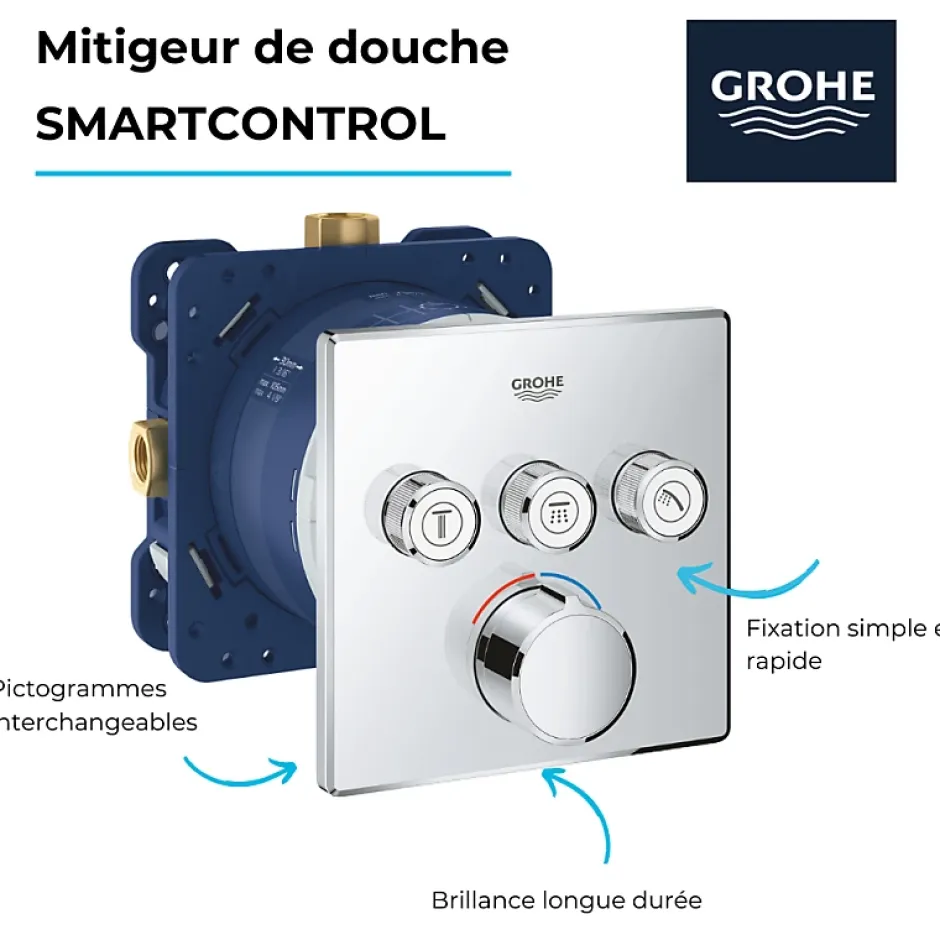 Grohe - Mitigeur encastré 3 sorties SmartControl - Façade carrée