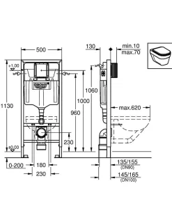 Grohe Pack WC Bâti-support + WC sans bride Tornado Quiet SAT Fusion + Abattant softclose + Plaque Chrome