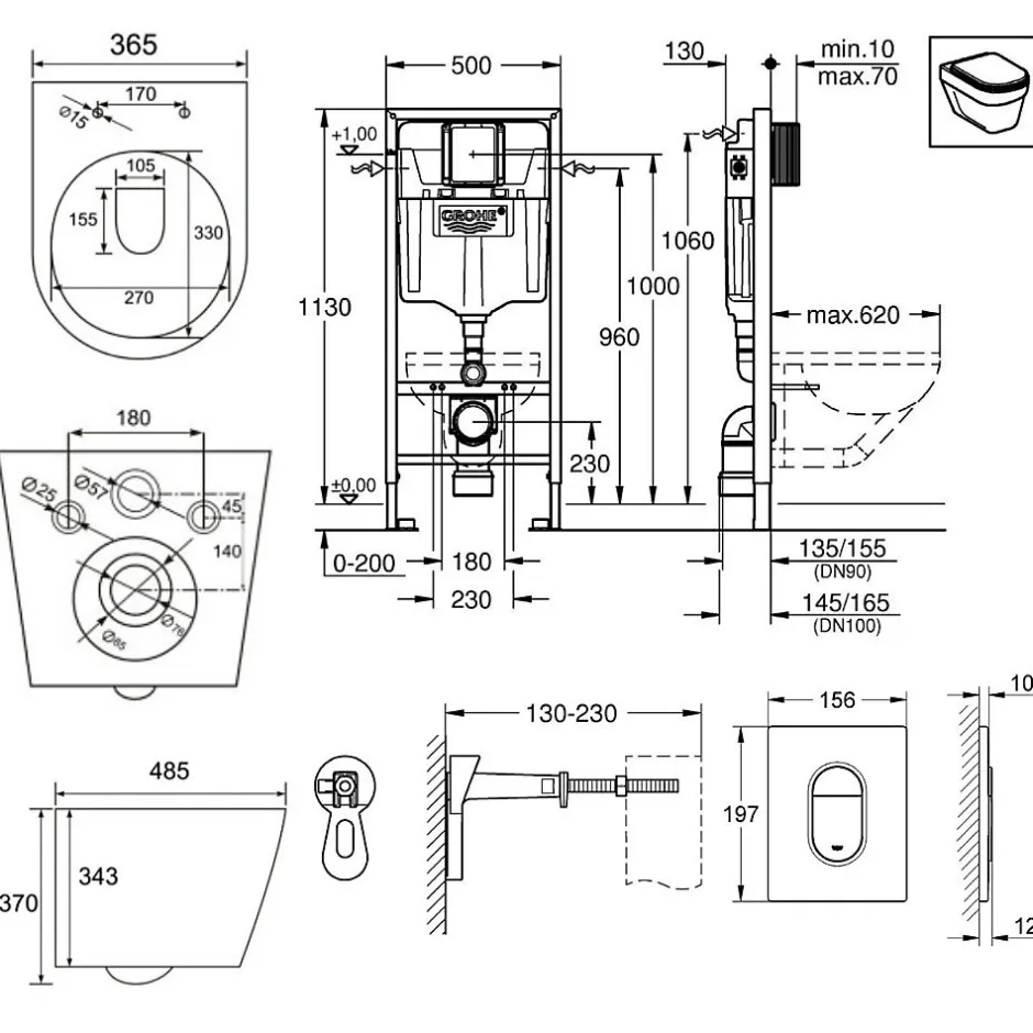 Grohe Pack WC Rapid SL + WC Swiss Aqua Technologies Infinitio sans bride + Plaque Arena chrome + Set d'habillage* Wc Suspendu