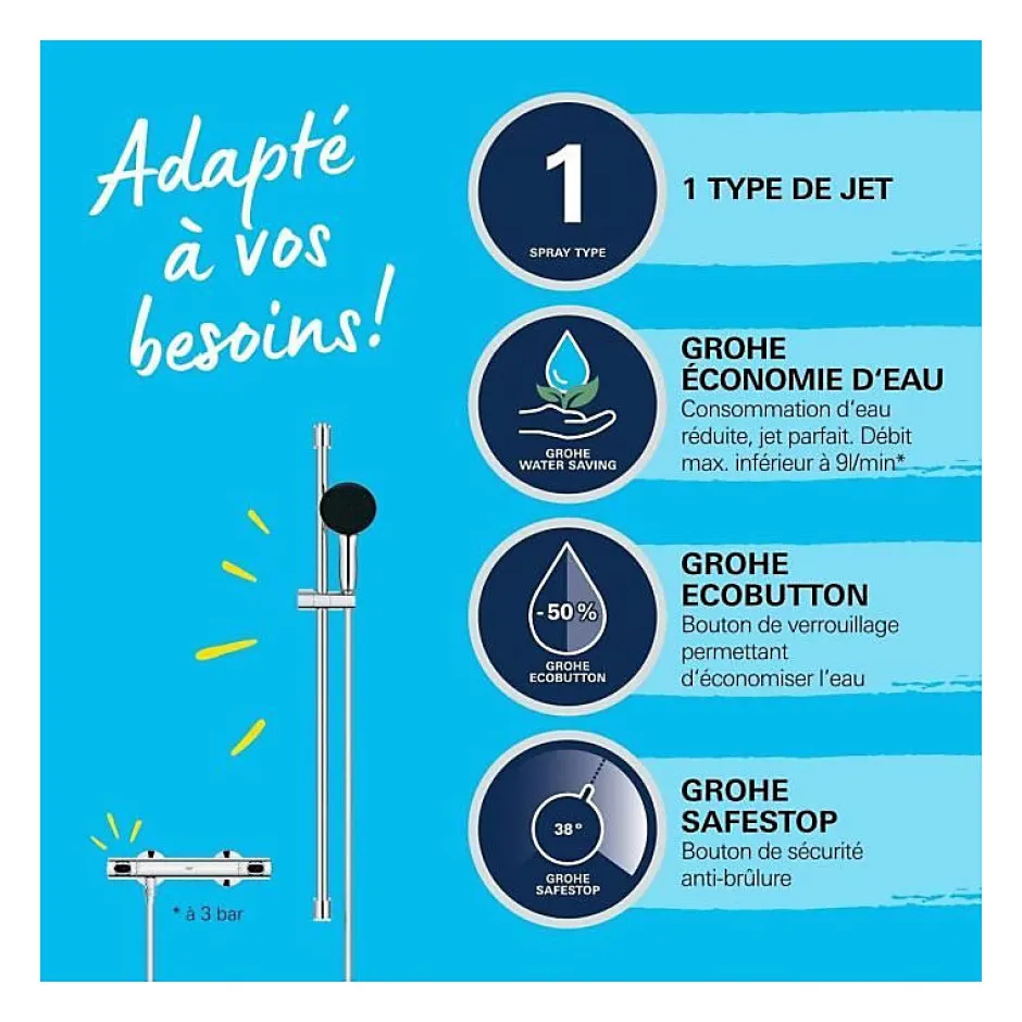 Grohe Precision Flow Set de douche avec mitigeur thermostatique + Douchette + Barre 90 cm, chrome (G34805001)* Colonne De Douche Thermostatique
