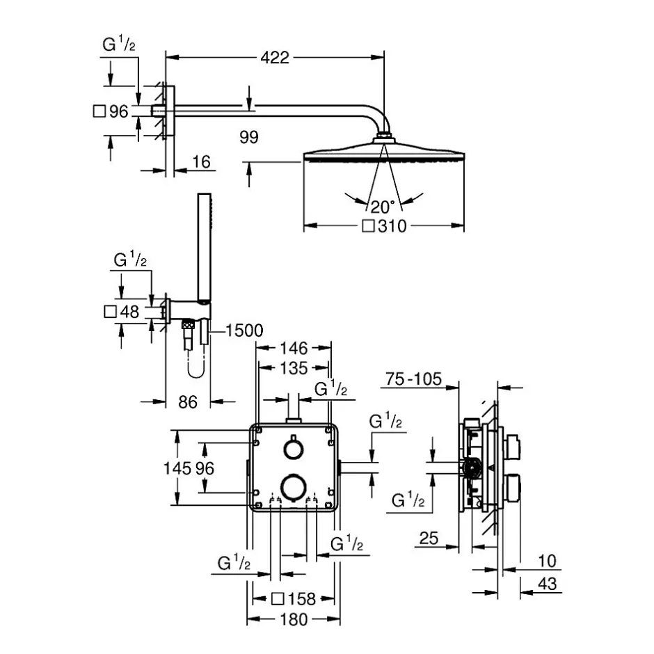 Nicoll Grohe Precision Set de douche encastrée avec mitigeur thermostatique + Douche de tête + Douchette, chrome (G34881000)* Colonne De Douche Sans Robinetterie