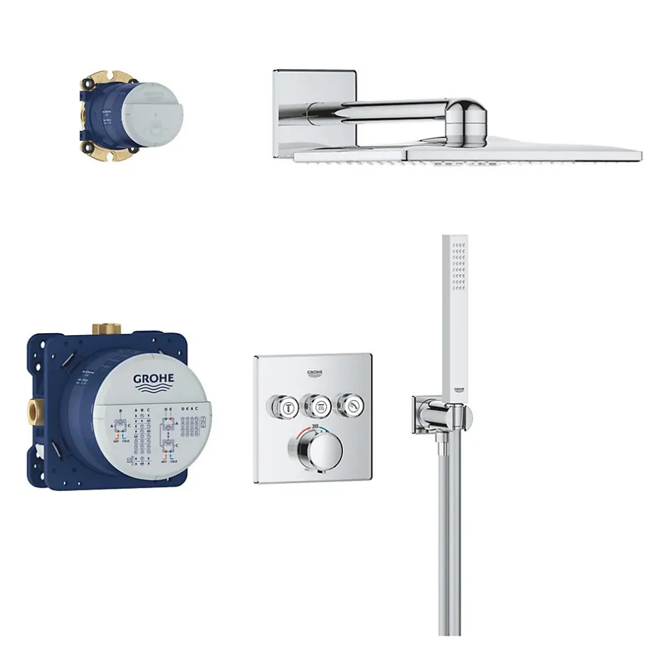 Grohe Precision SmartControl Set de douche encastrée façade thermostatique + Douche de tête 2 jets + Douchette, chrome (G34875000)